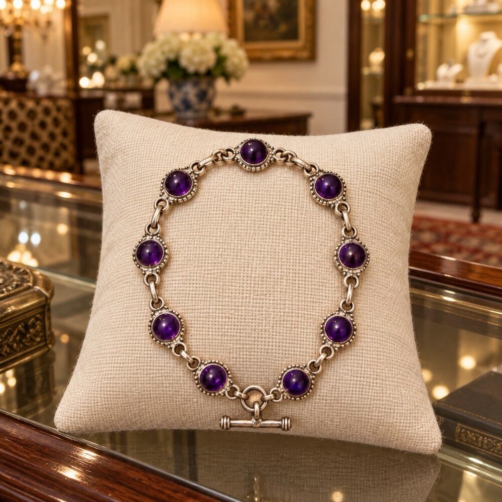 Vintage Taxco Mexico Sterling Silver Amethyst Toggle Link Bracelet 7-8”